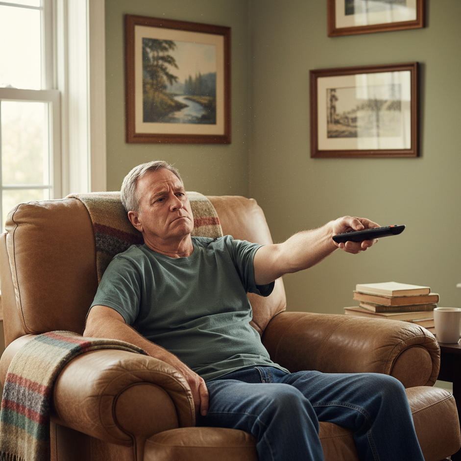 Man sitting in a brown leather armchair holding a remote control in a living room.
