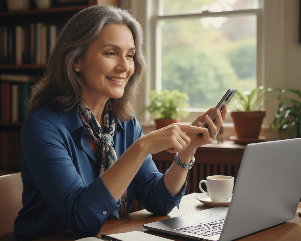 Woman using a smartphone at a desk with a laptop and notebook, in a home office setting.
