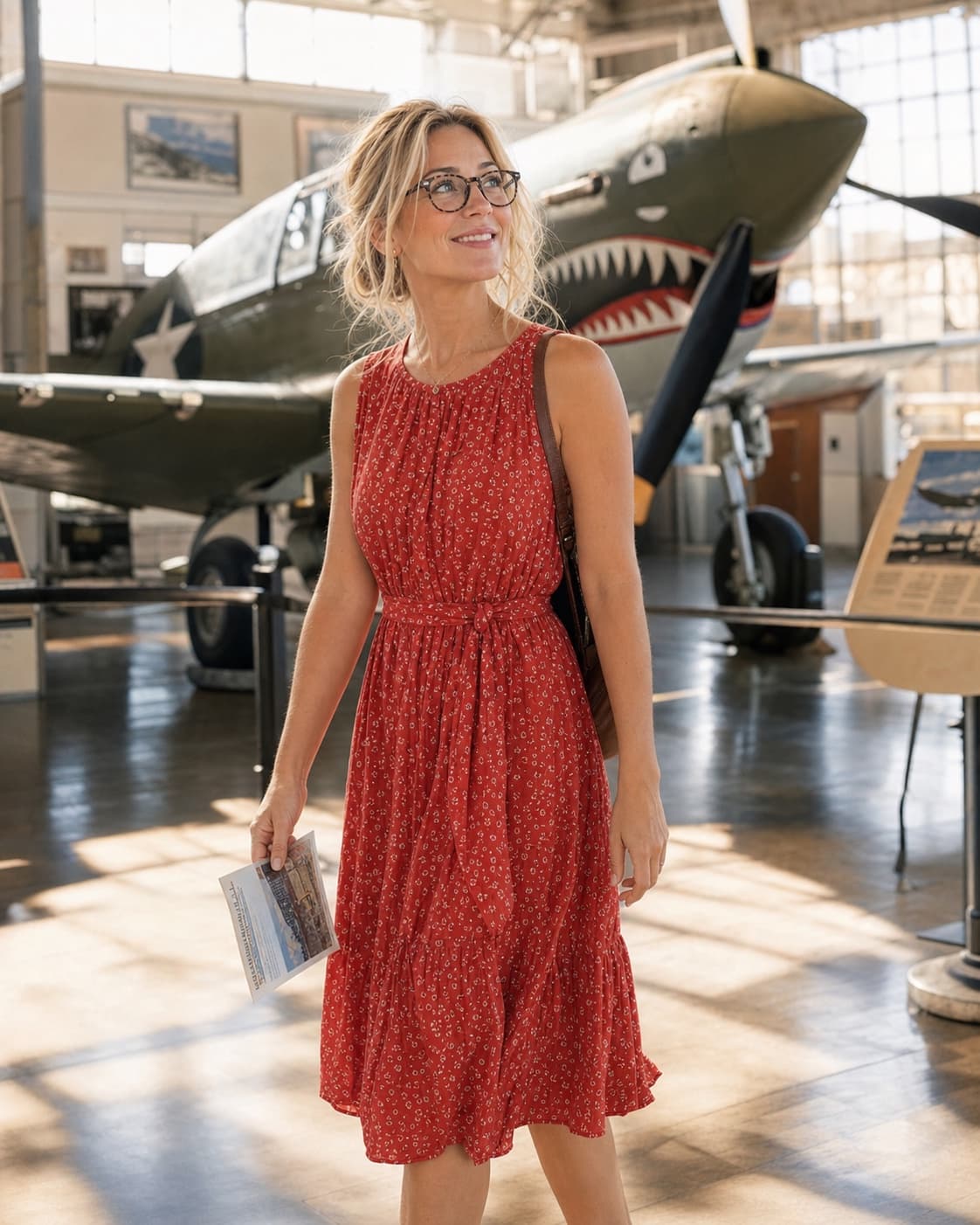 Emily looking at a historic aircraft in a bright aviation museum