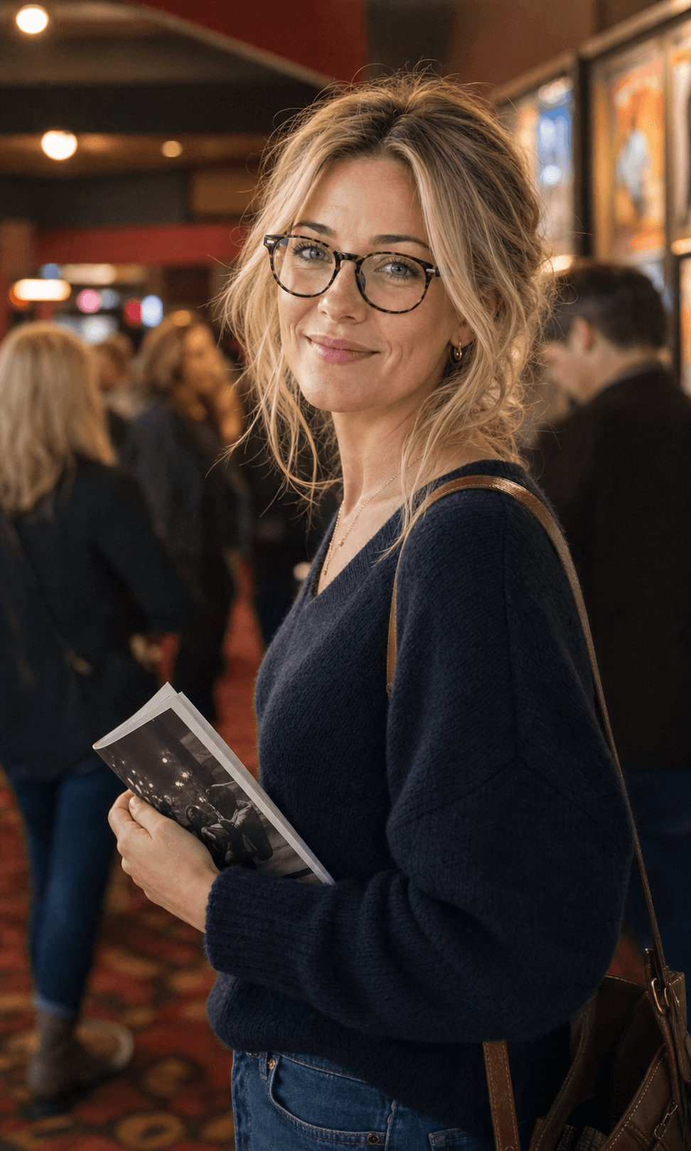 Emily, smiling in a cinema lobby, holding a film ticket