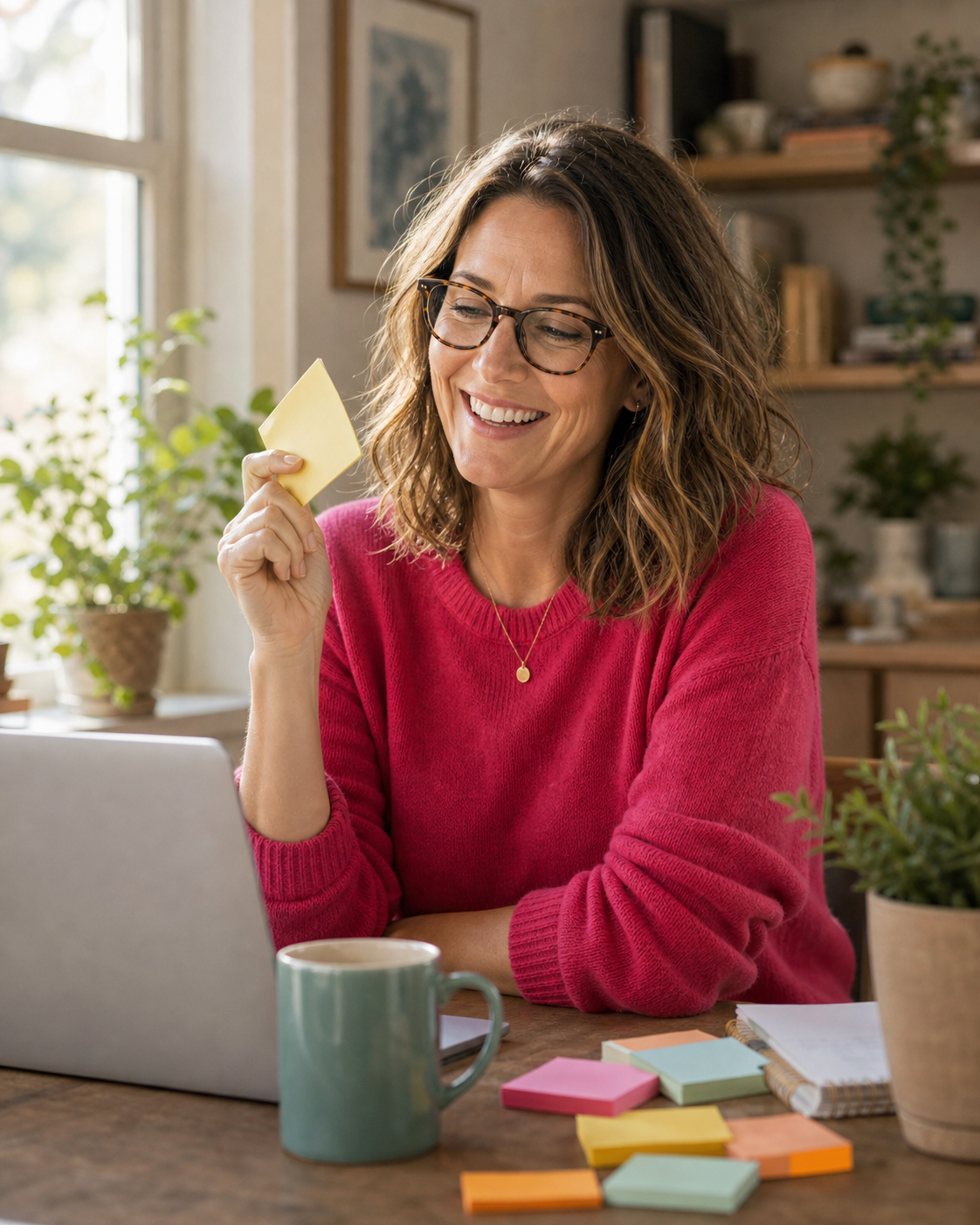 Emily smiles at a desk with a playful note nearby.