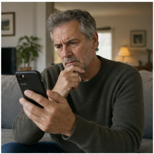 Dave pauses over a suspicious message at home.