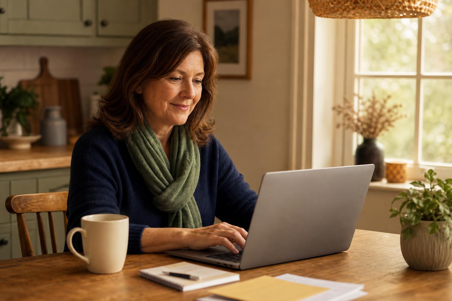 Emily at a kitchen table with a laptop.