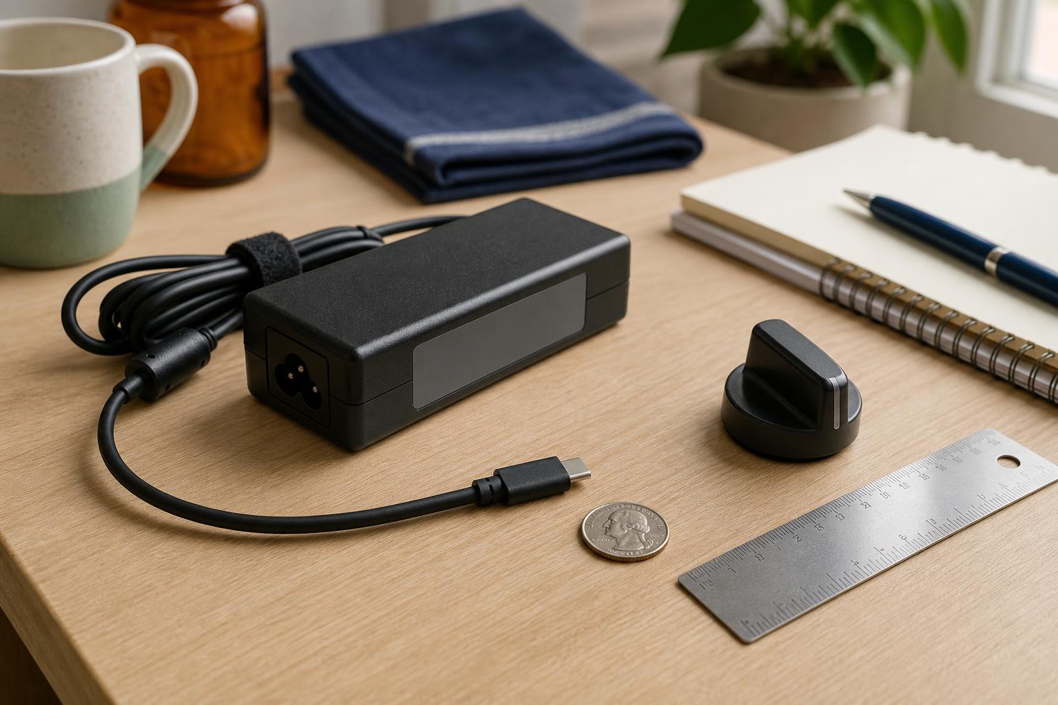charger, cable, and part with coin for scale