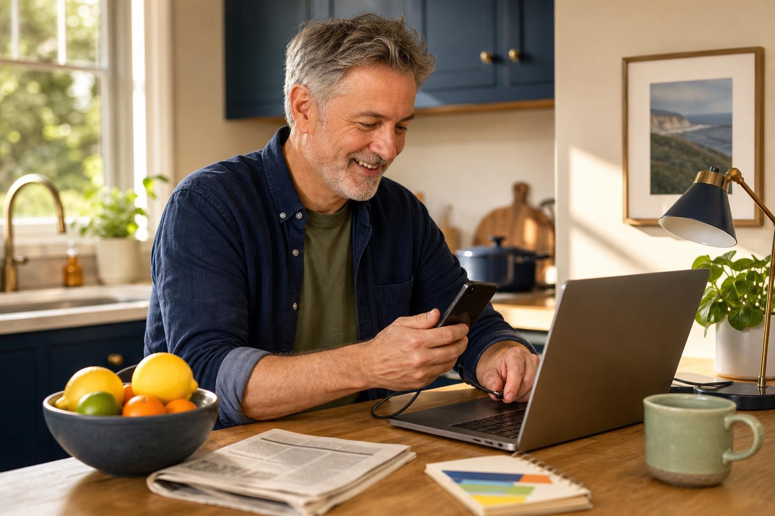 Person transferring photos from phone to laptop in a kitchen