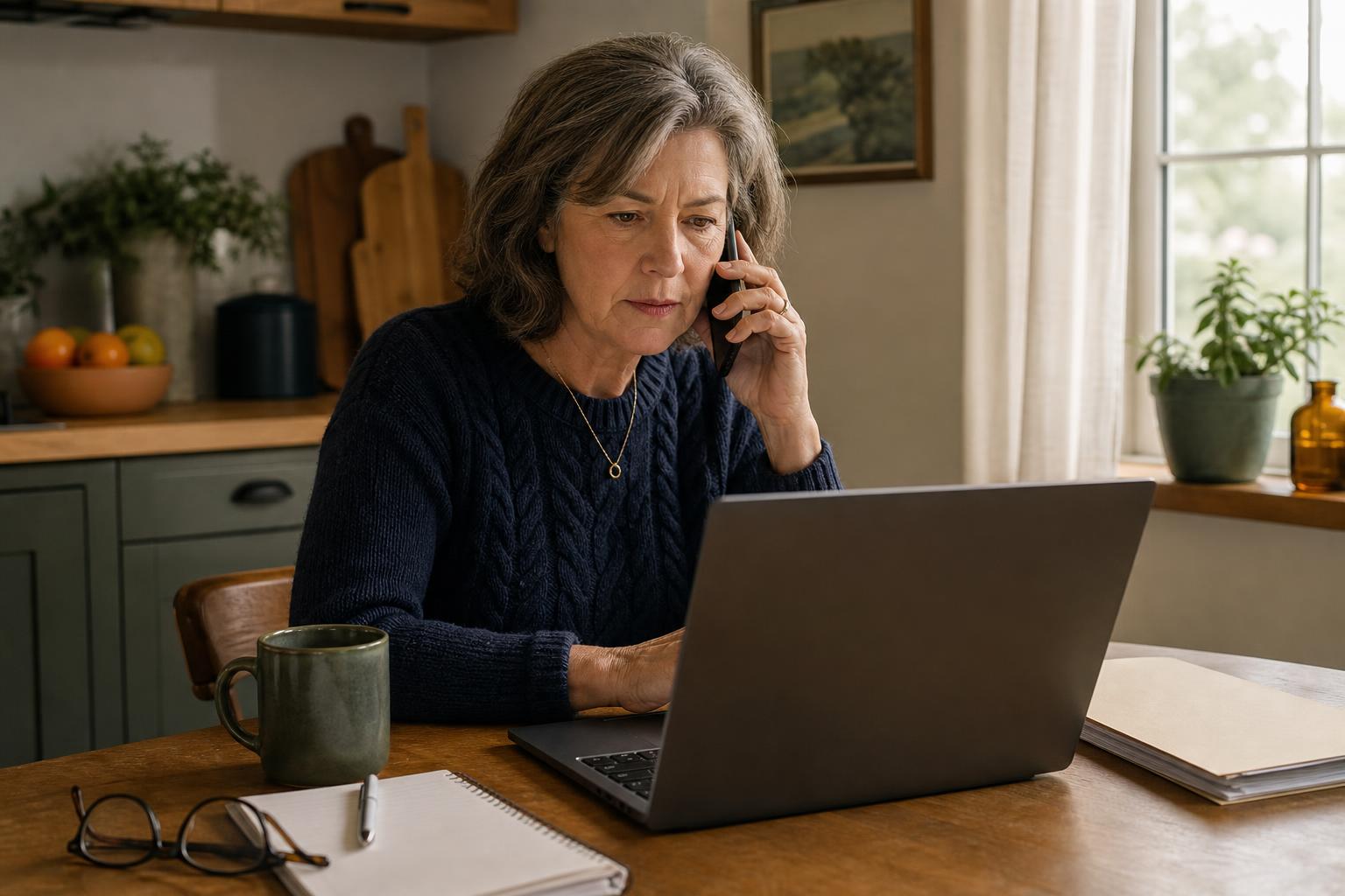 Person on phone with laptop at kitchen table.