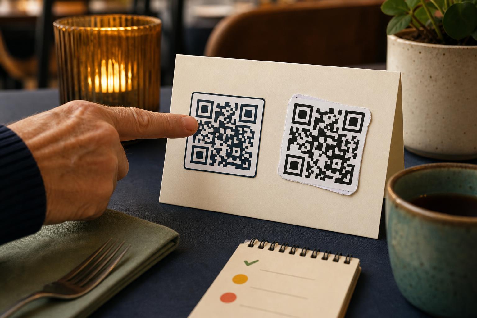 Close-up of QR stickers on a restaurant table with a finger pointing.