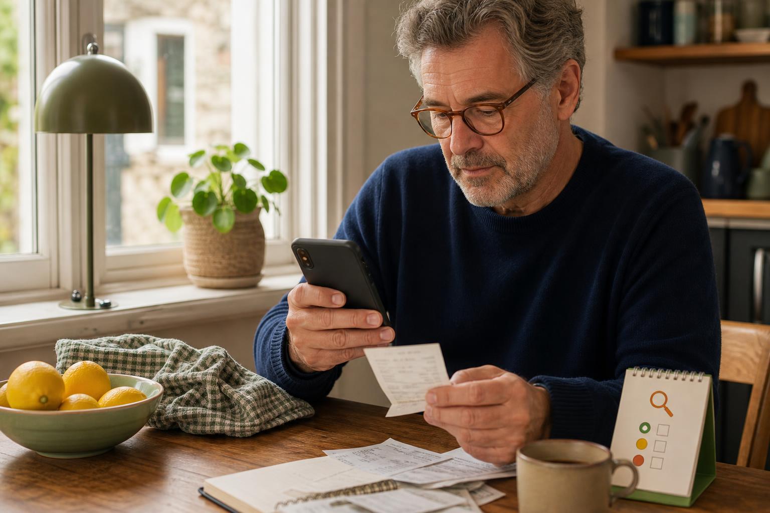 Person checking a phone and receipt at a kitchen table.