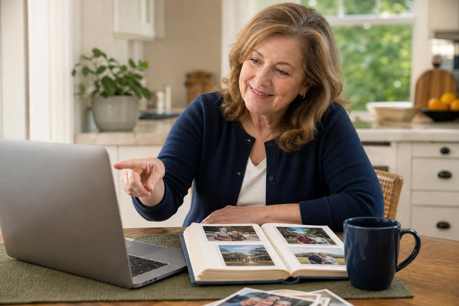 Hands passing a printed family photo at a sunlit kitchen table