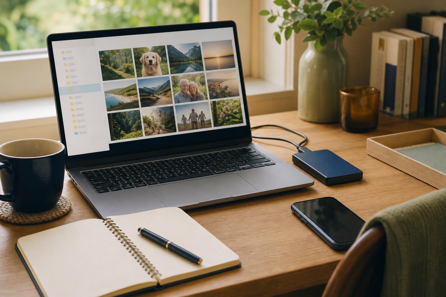 Laptop, external drive, and phone on a home desk