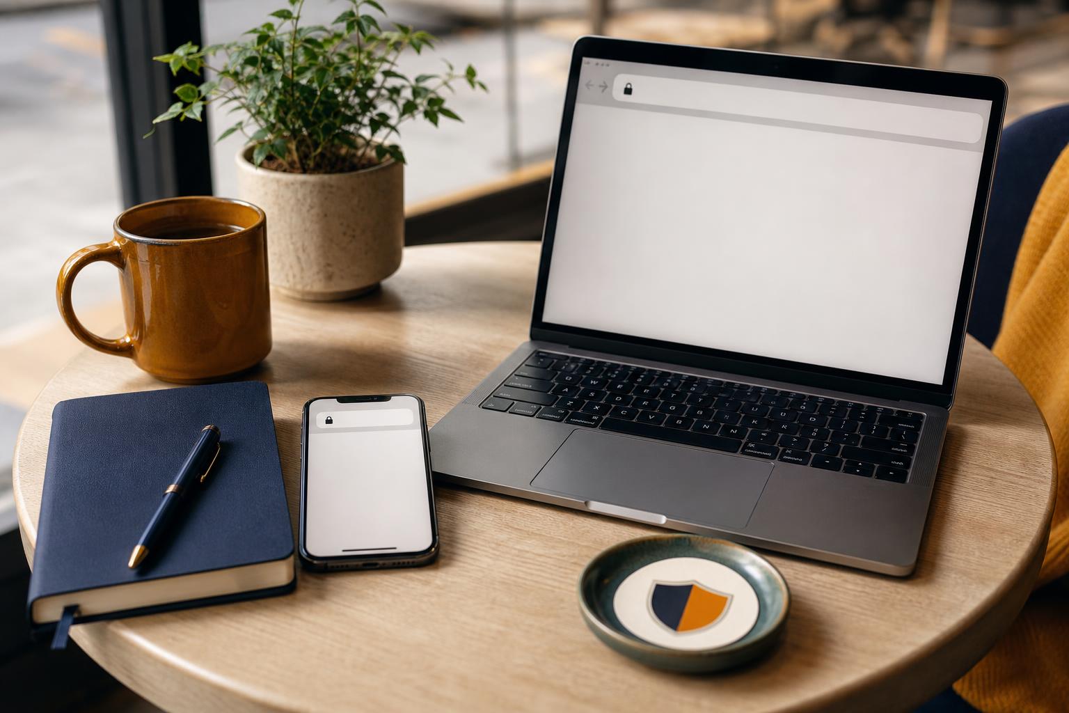 Phone and laptop on a cafe table showing a lock icon in the browser.