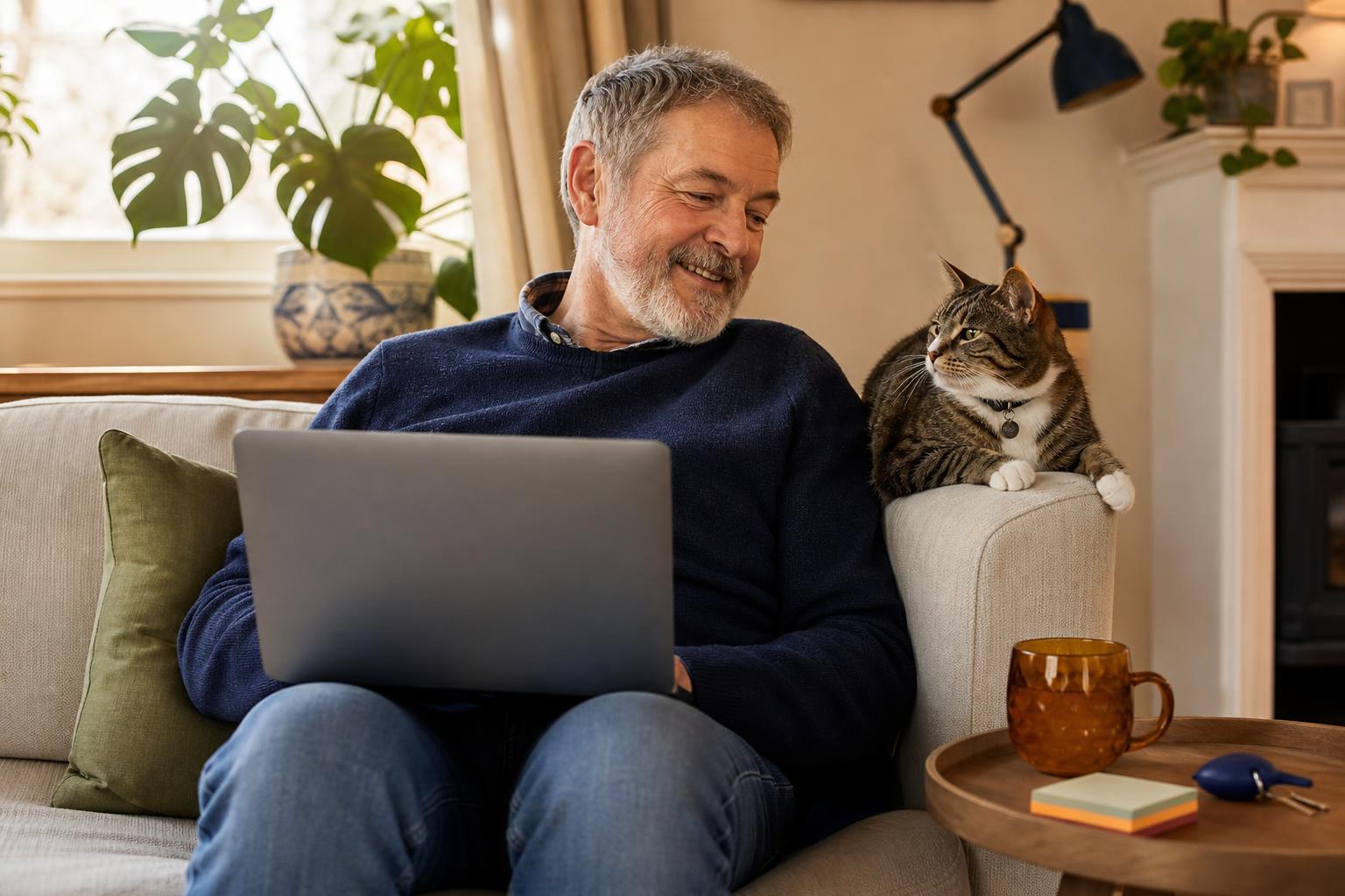 Person on sofa using a laptop with a cat nearby.