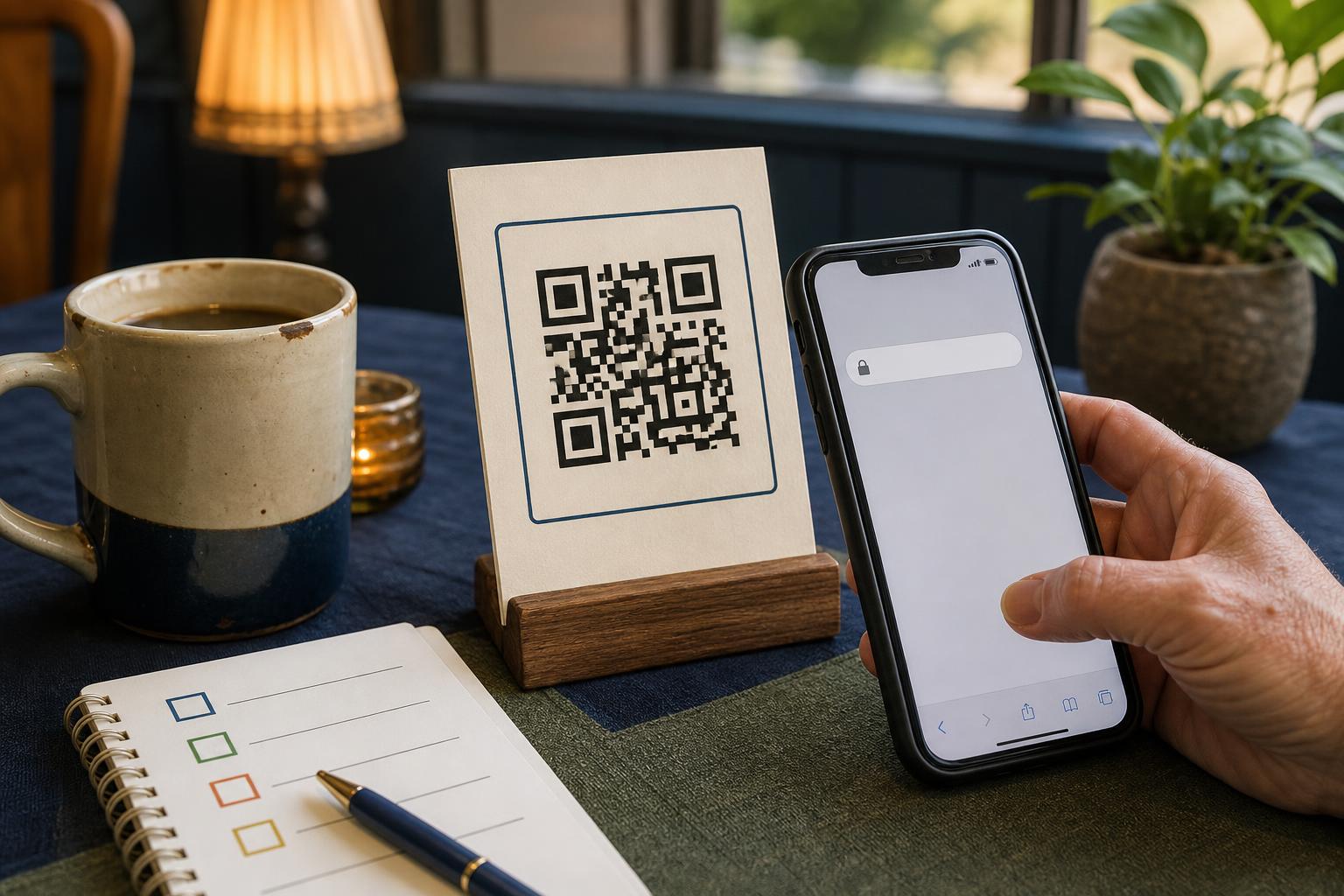 Paper QR menu on a wooden stand beside a mug and phone showing a URL preview.