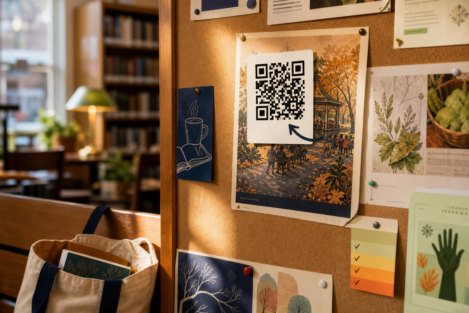 Community bulletin board with a QR sticker covering a flyer and a tote bag on a bench.