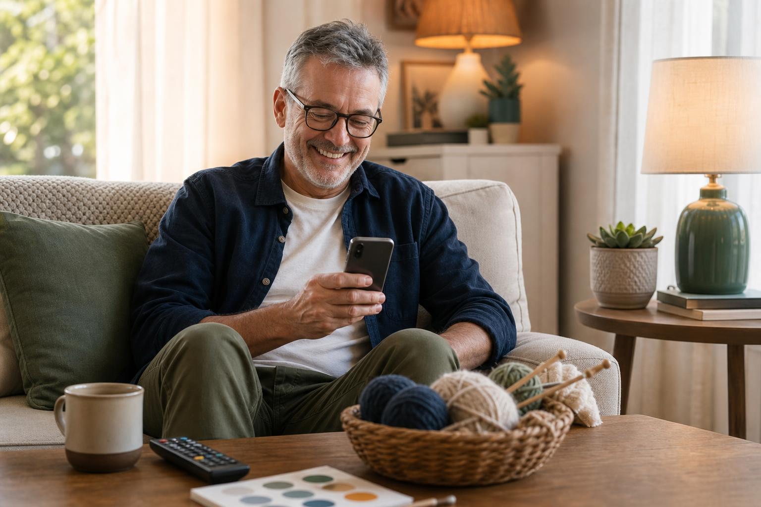 Person on sofa pausing to check their phone.