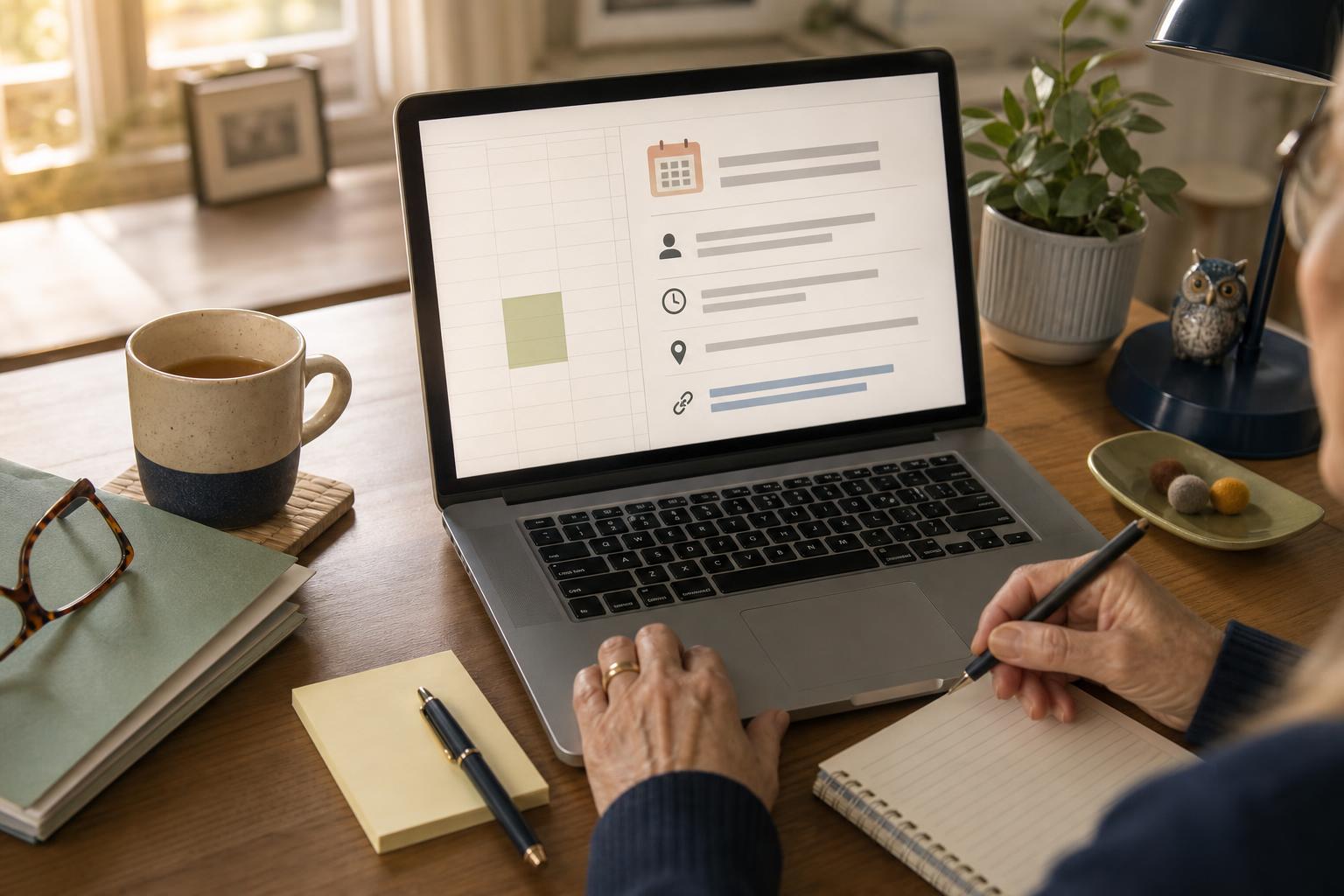 Laptop showing a calendar invite on a tidy desk with a mug and sticky note.