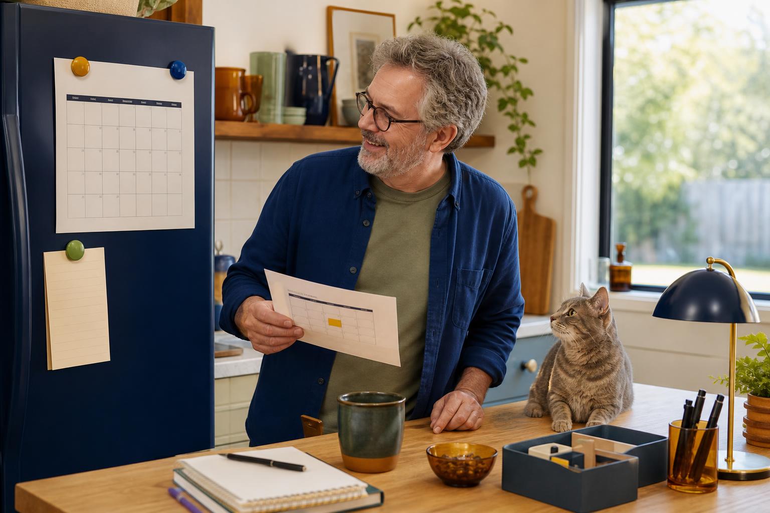 Person checking a printed calendar invite at a kitchen island while a cat watches.