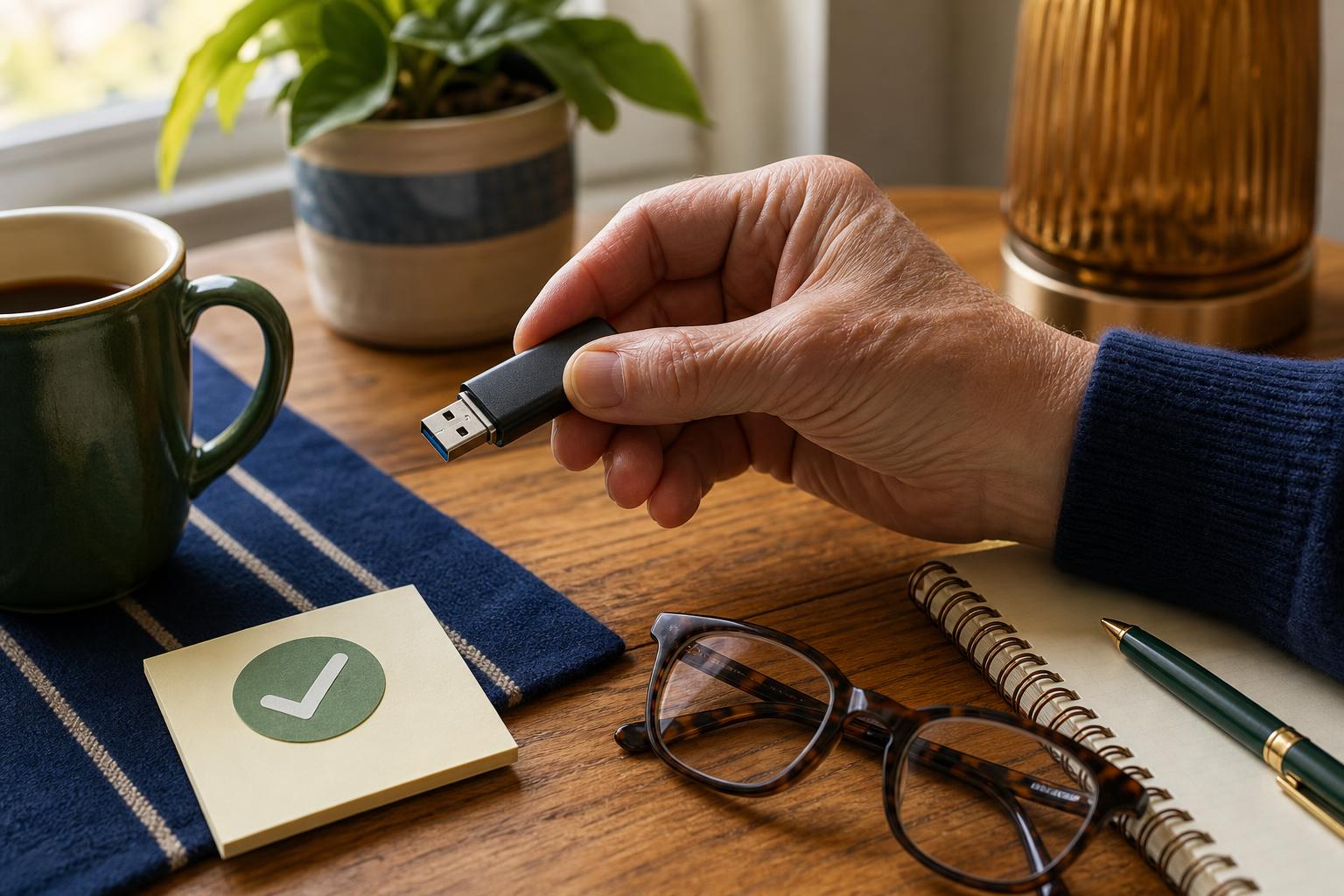 USB drive held over a kitchen table with glasses and notebook