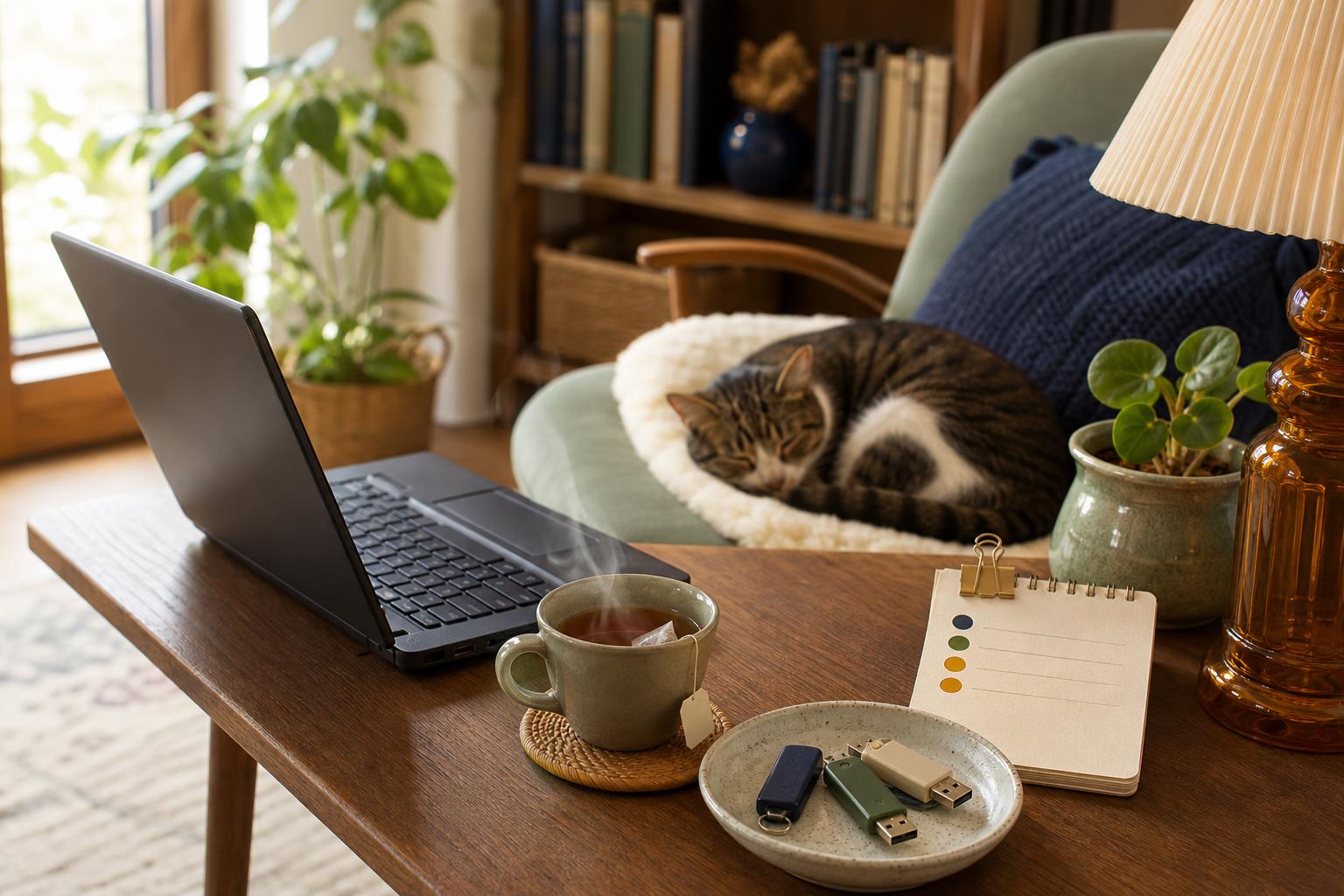 Home scene with laptop, tea, cat, and labeled USB sticks