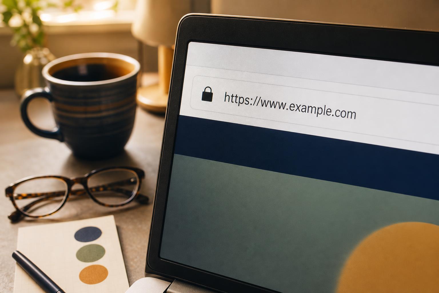 Laptop address bar showing a padlock and website URL.