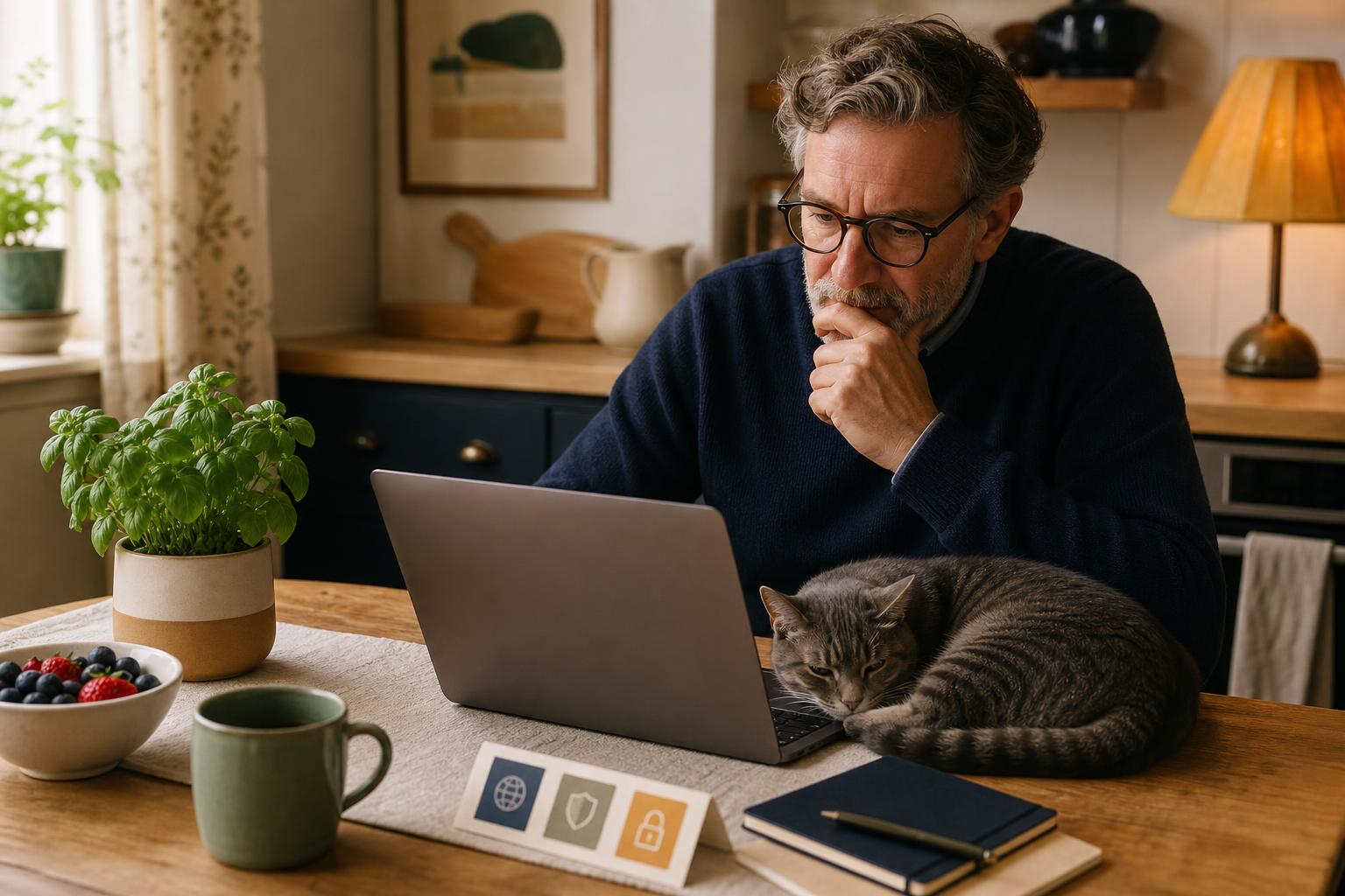 Person at a kitchen table using a laptop with a cat nearby.