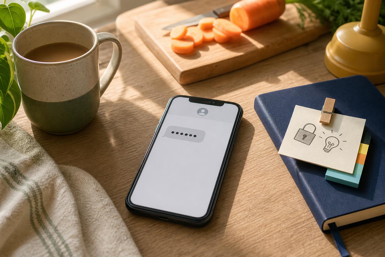 Phone on kitchen table showing a verification code with a mug and notebook nearby