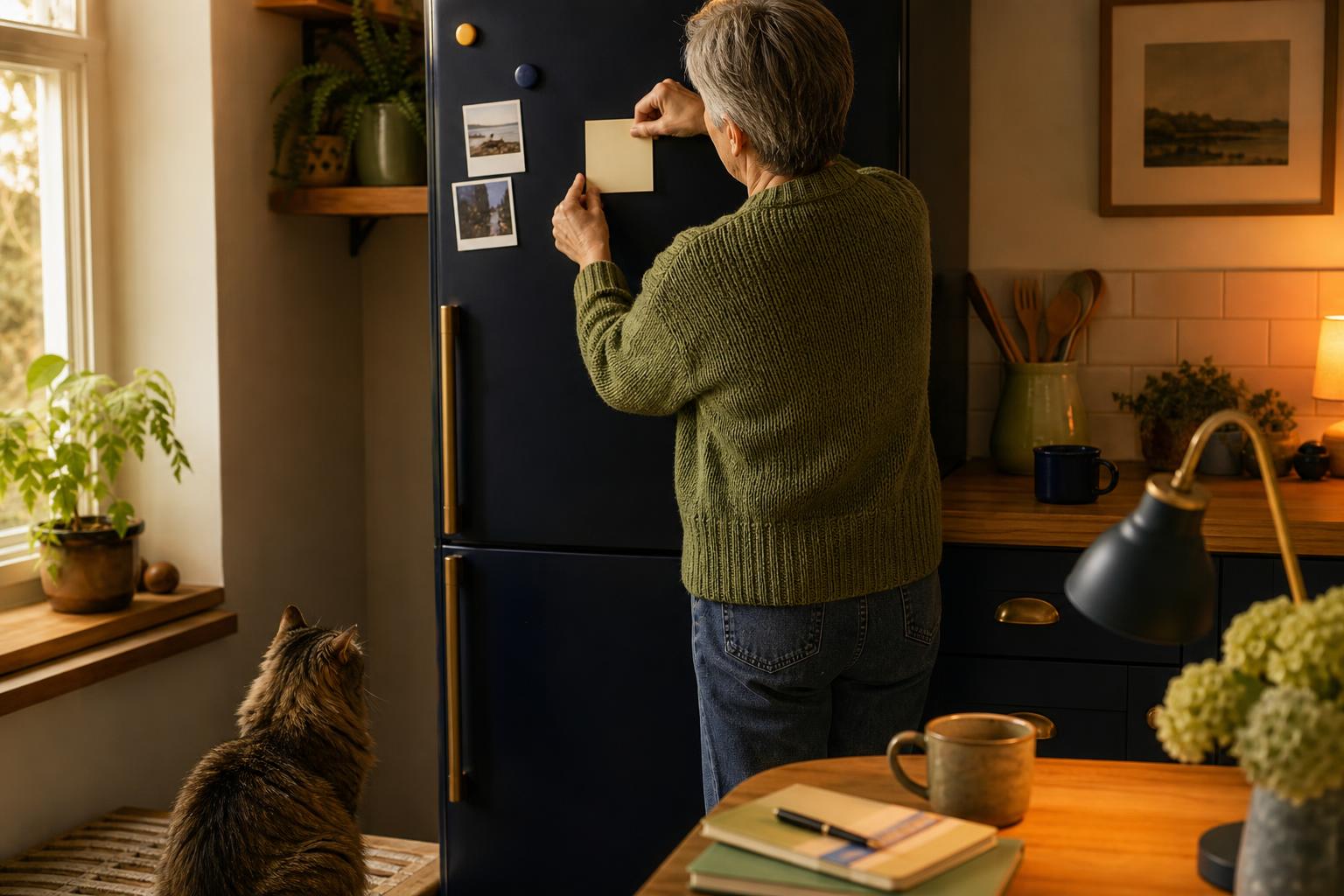 Person placing a reminder note on the refrigerator with a cat nearby