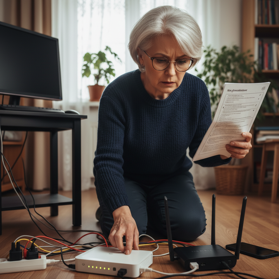 Woman troubleshooting internet connection with router and cables in a home setting